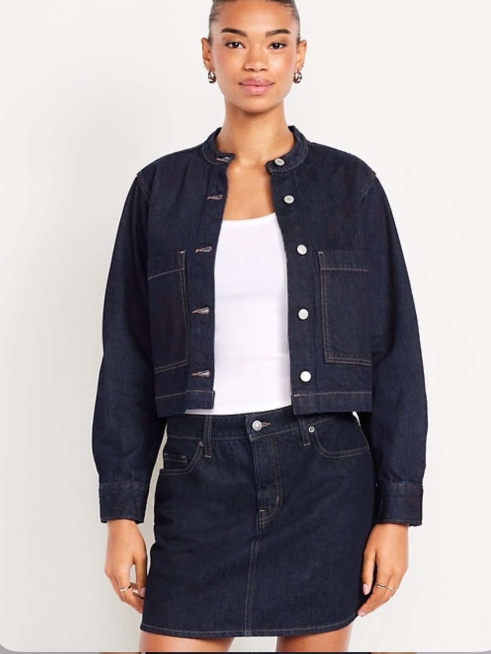 Old Navy Cropped Collarless Denim Jacket Mini Skirt Set